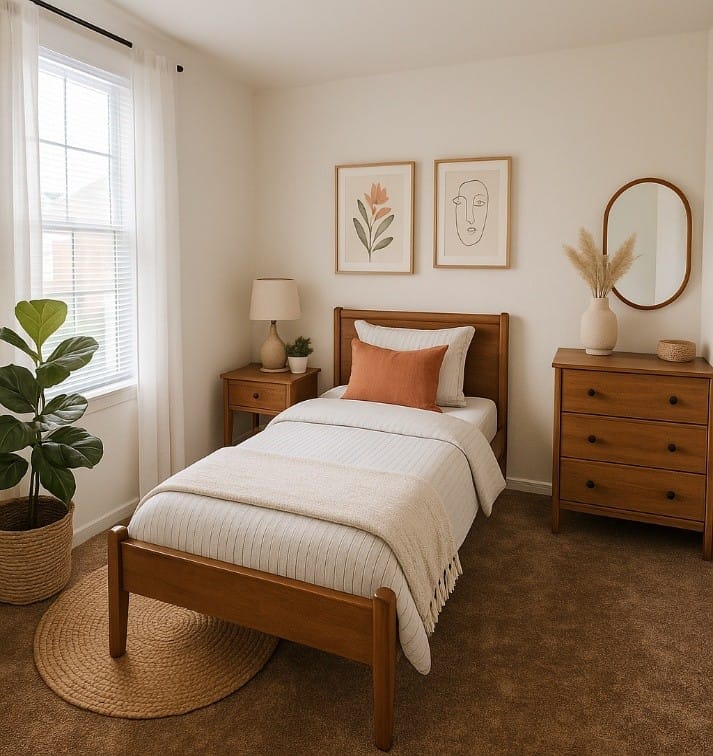 A Leonard's Freehold bedroom with carpet, a curtained window, a wood bed frame, and a dresser