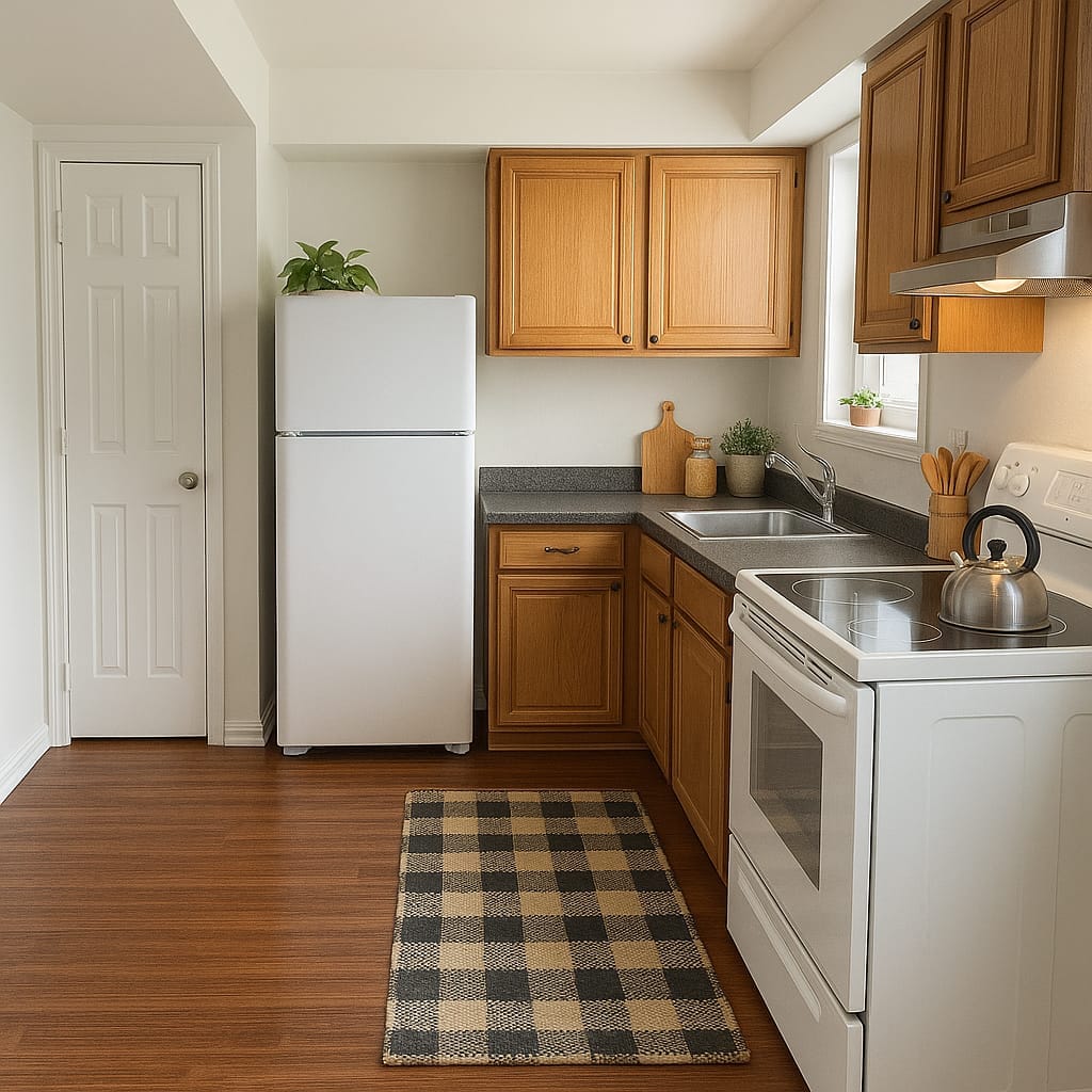 A Leonard's Freehold kitchen with oak cabinets, a white refrigerator and range, and a window over the sink