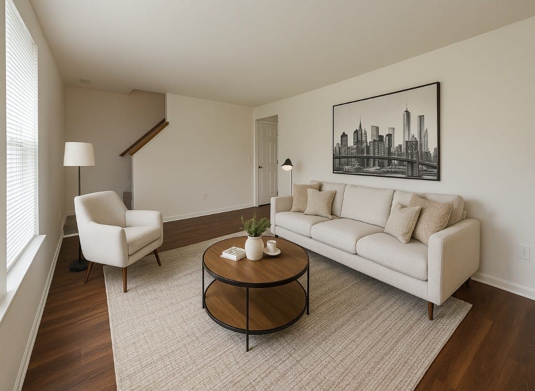 A Leonard's Freehold living room with wood-look floors, a large window, and an open staircase to the upper level